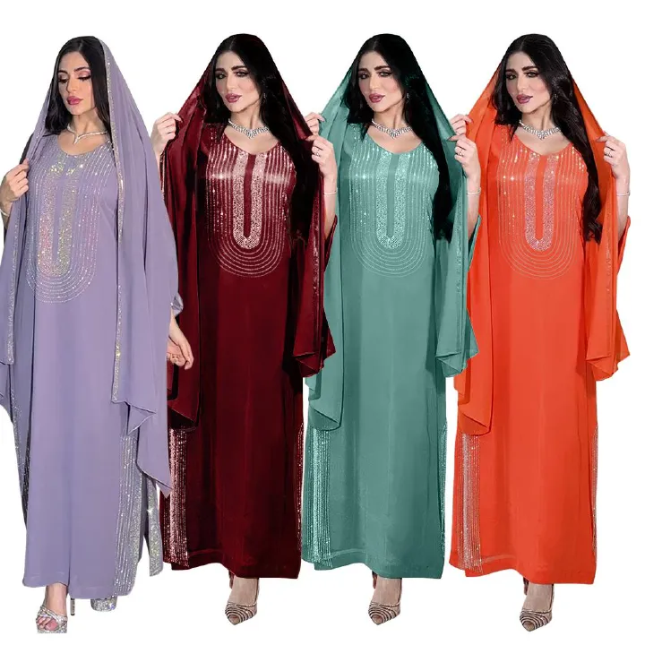 Wholesale Fashion Arabic Party Prom Gowns Long Dress Islamic Cloth Abaya Muslim Dress Women Side Slit Rhinestone Chiffon Dress