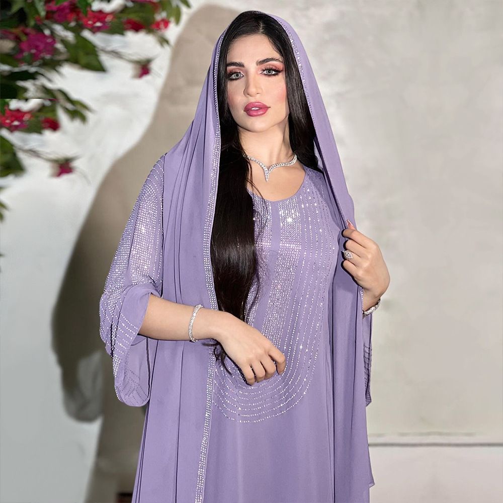Wholesale Fashion Arabic Party Prom Gowns Long Dress Islamic Cloth Abaya Muslim Dress Women Side Slit Rhinestone Chiffon Dress