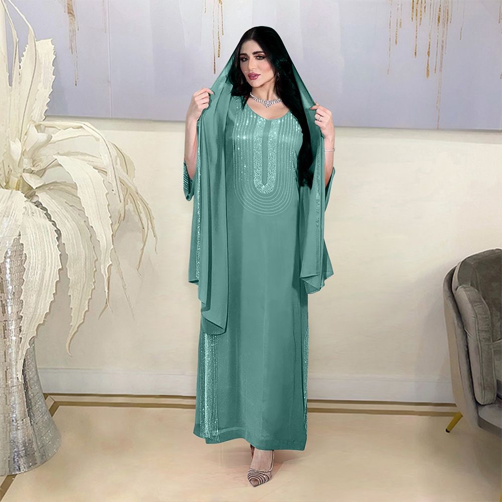 Wholesale Fashion Arabic Party Prom Gowns Long Dress Islamic Cloth Abaya Muslim Dress Women Side Slit Rhinestone Chiffon Dress