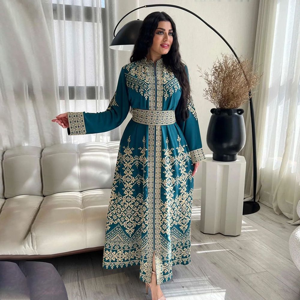 Luxury Dubai Turkish Maxi Dress for Women New Modest Islamic Long Sleeve Abaya Printed Robe Casual for Spring Season Dresses
