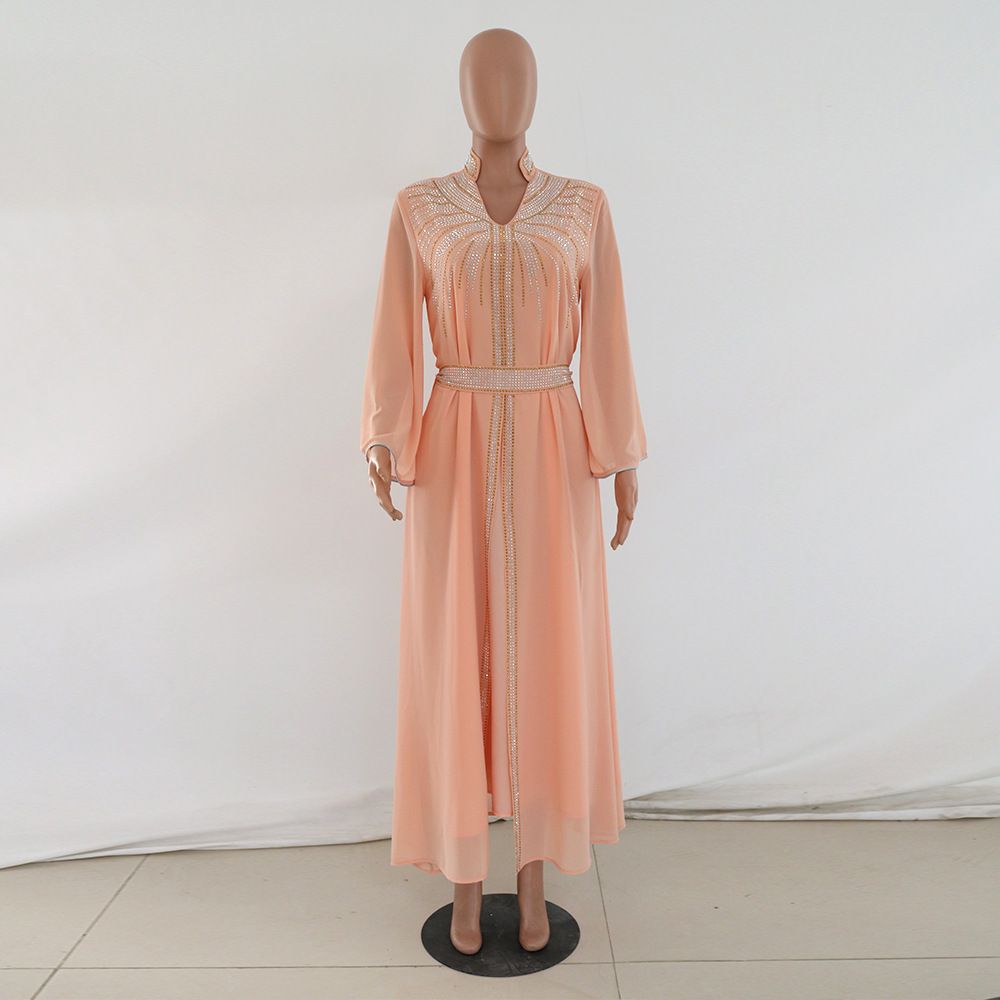 Fashion Middle East Arab Robes Kaftan Islamic Dress Dubai Diamond Belt Chiffon Dress