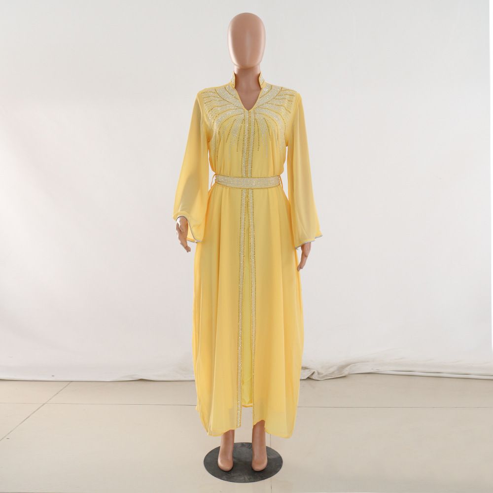 Fashion Middle East Arab Robes Kaftan Islamic Dress Dubai Diamond Belt Chiffon Dress