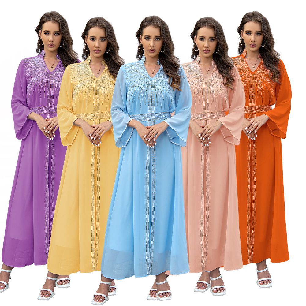 Fashion Middle East Arab Robes Kaftan Islamic Dress Dubai Diamond Belt Chiffon Dress