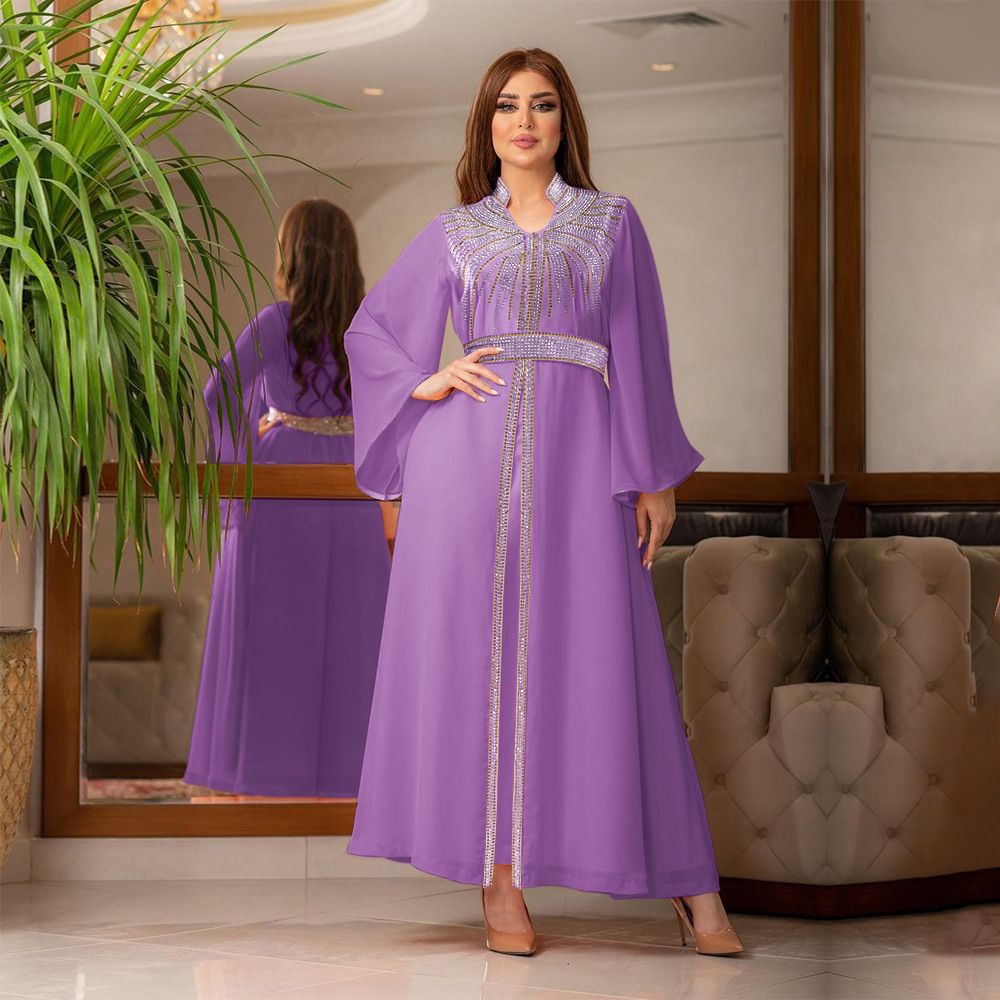 Fashion Middle East Arab Robes Kaftan Islamic Dress Dubai Diamond Belt Chiffon Dress