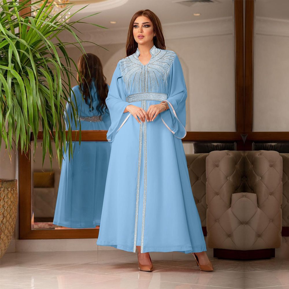 Fashion Middle East Arab Robes Kaftan Islamic Dress Dubai Diamond Belt Chiffon Dress