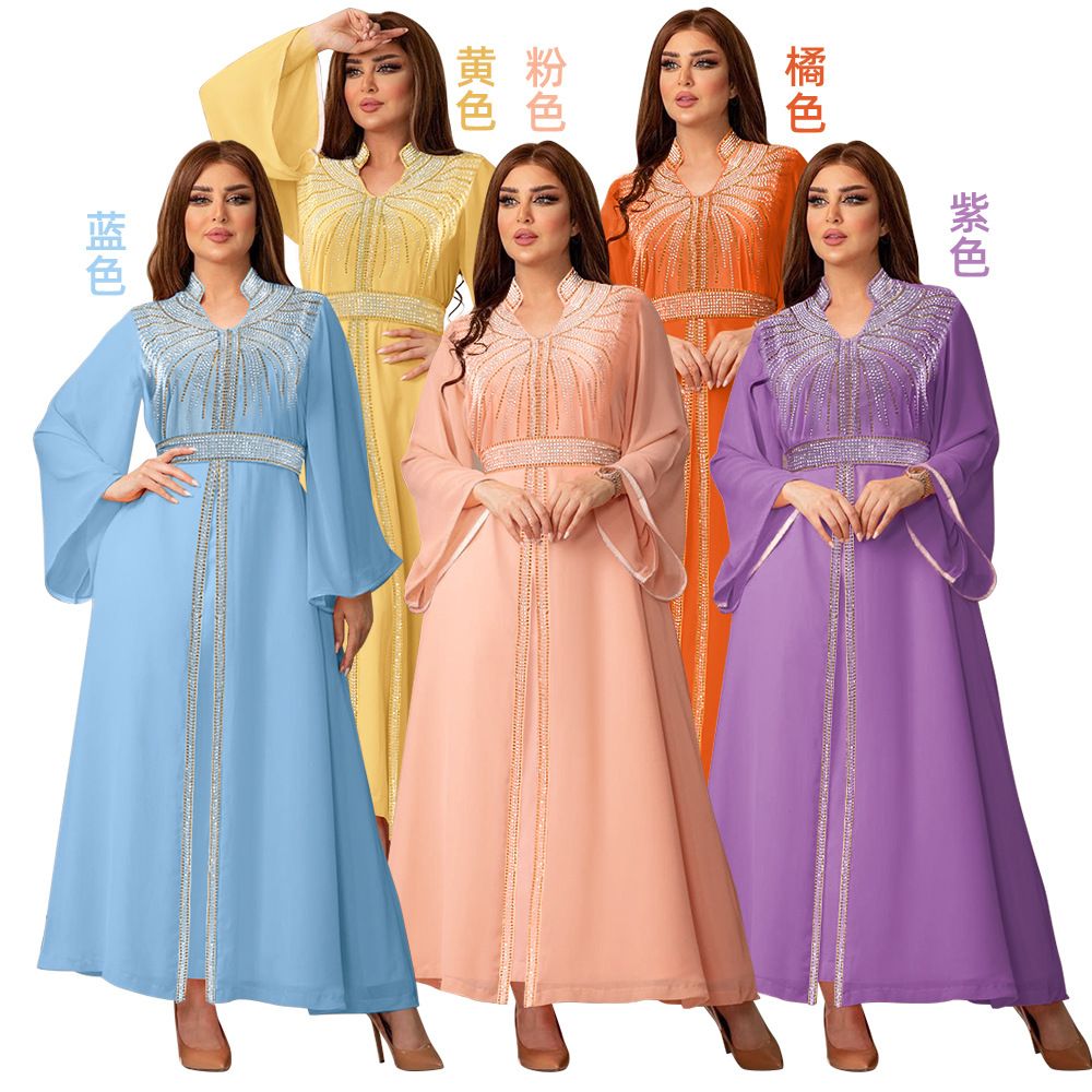 Fashion Middle East Arab Robes Kaftan Islamic Dress Dubai Diamond Belt Chiffon Dress