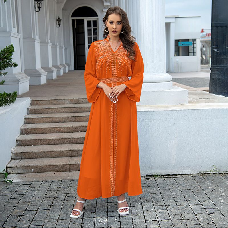 Fashion Middle East Arab Robes Kaftan Islamic Dress Dubai Diamond Belt Chiffon Dress