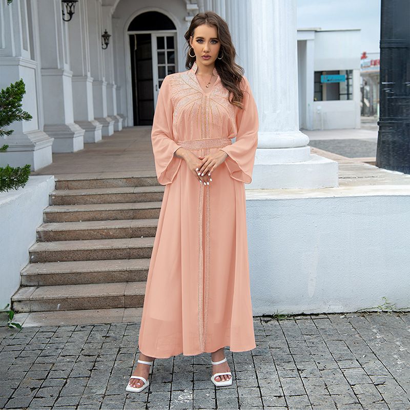 Fashion Middle East Arab Robes Kaftan Islamic Dress Dubai Diamond Belt Chiffon Dress