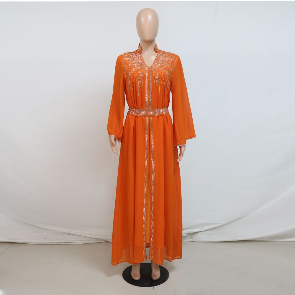 Fashion Middle East Arab Robes Kaftan Islamic Dress Dubai Diamond Belt Chiffon Dress