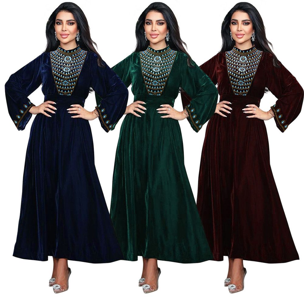 Ohsisa Abaya Muslim Women Evening Dress Elegant A-Line Dress Long Sleeve Party Evening Prom Blue Rhinestones Suede Dress
