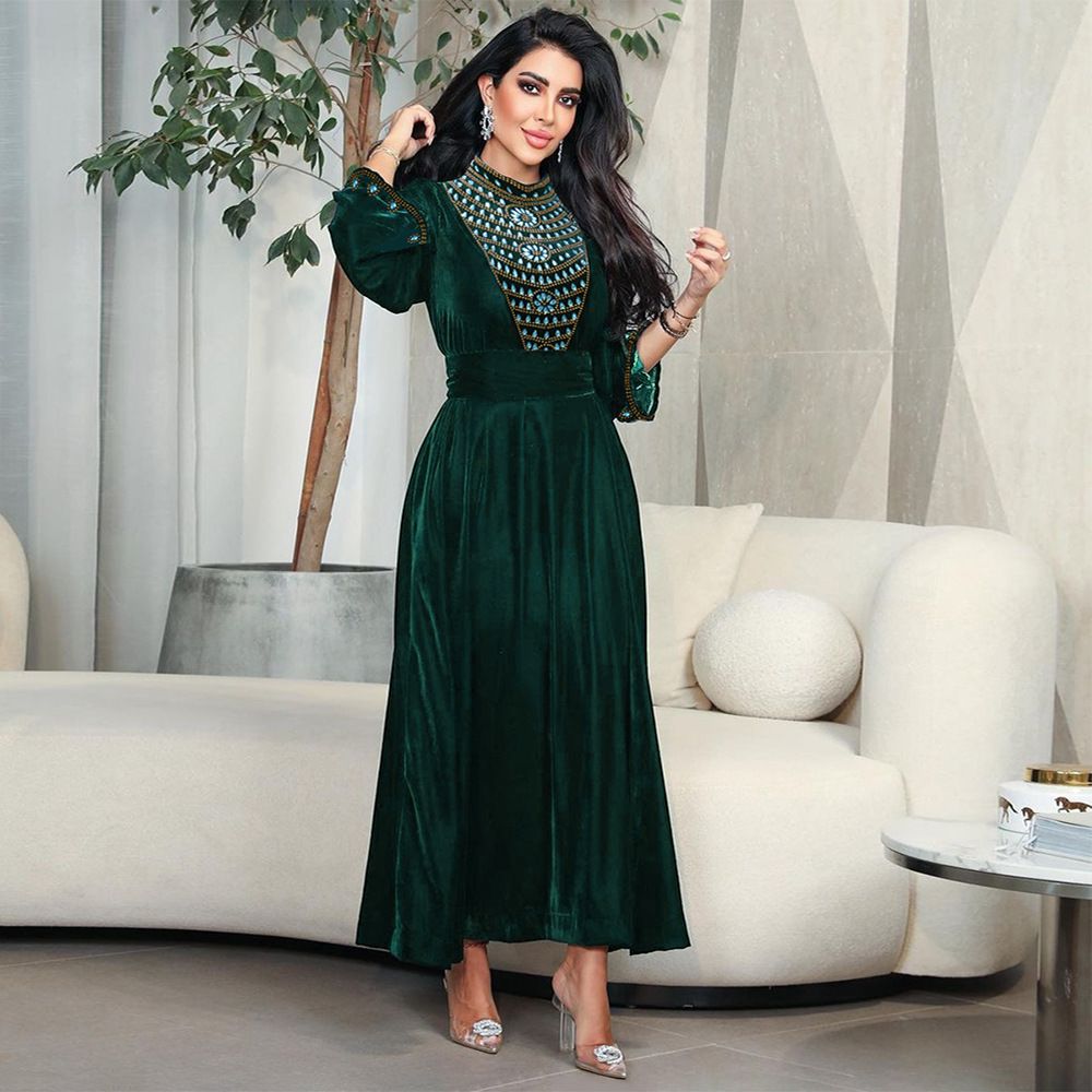 Ohsisa Abaya Muslim Women Evening Dress Elegant A-Line Dress Long Sleeve Party Evening Prom Blue Rhinestones Suede Dress