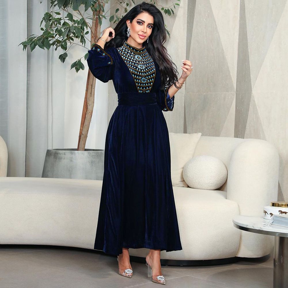 Ohsisa Abaya Muslim Women Evening Dress Elegant A-Line Dress Long Sleeve Party Evening Prom Blue Rhinestones Suede Dress