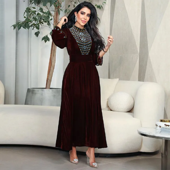 Ohsisa Abaya Muslim Women Evening Dress Elegant A-Line Dress Long Sleeve Party Evening Prom Blue Rhinestones Suede Dress