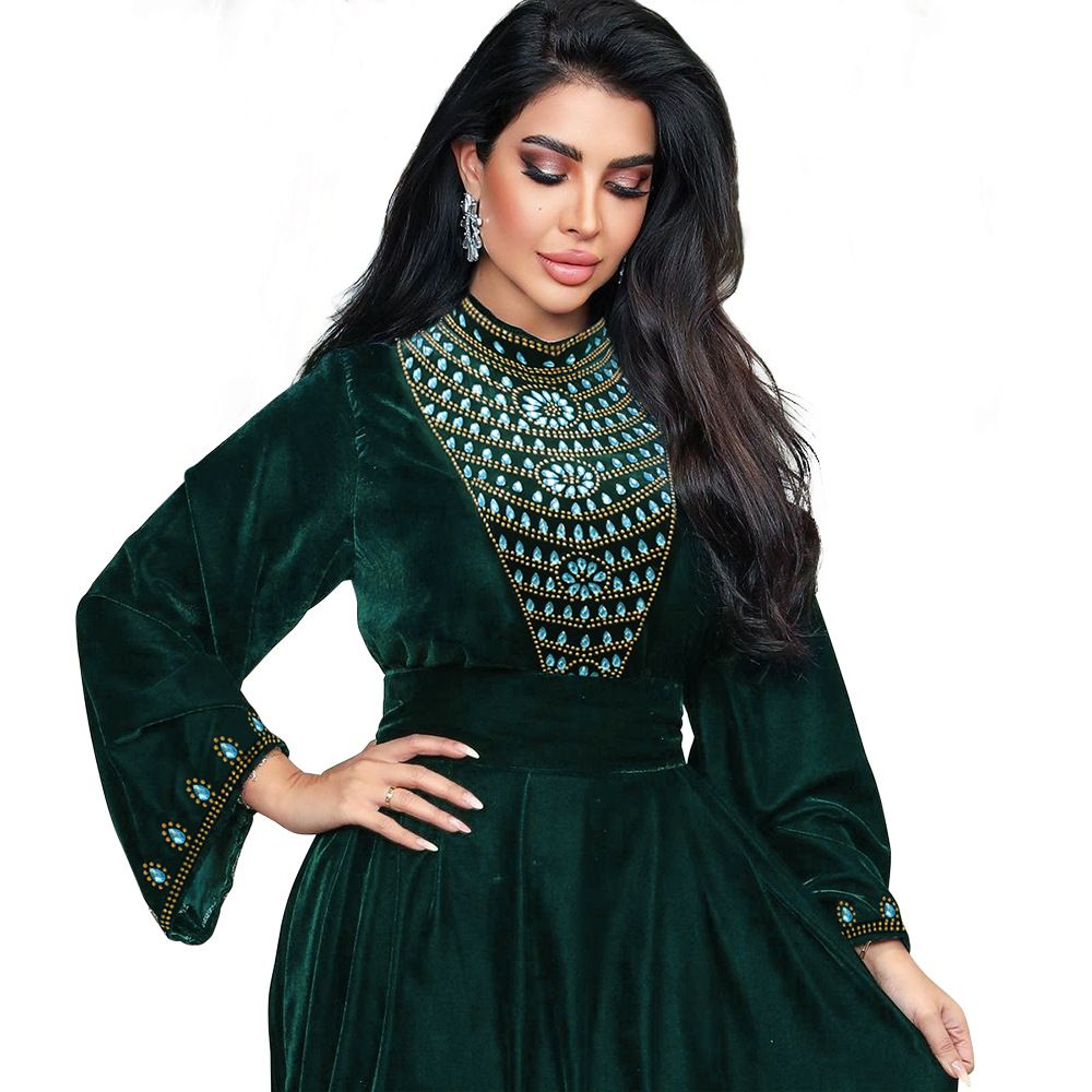 Ohsisa Abaya Muslim Women Evening Dress Elegant A-Line Dress Long Sleeve Party Evening Prom Blue Rhinestones Suede Dress