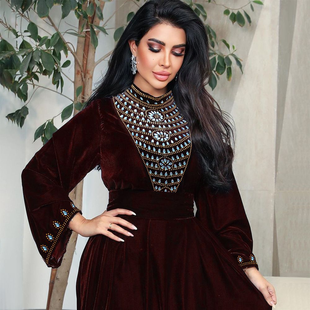Ohsisa Abaya Muslim Women Evening Dress Elegant A-Line Dress Long Sleeve Party Evening Prom Blue Rhinestones Suede Dress