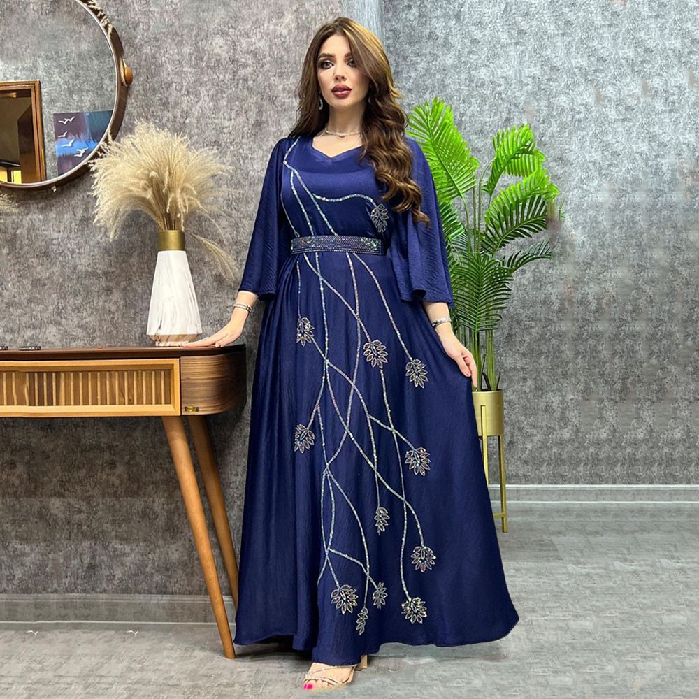 Fashion Sequins Embroidered Muslim Dress Dubai Arab Abaya Dubai Arabic Turkey Morocco Kaftan Ethnic Islamic Clothing Gown Dress