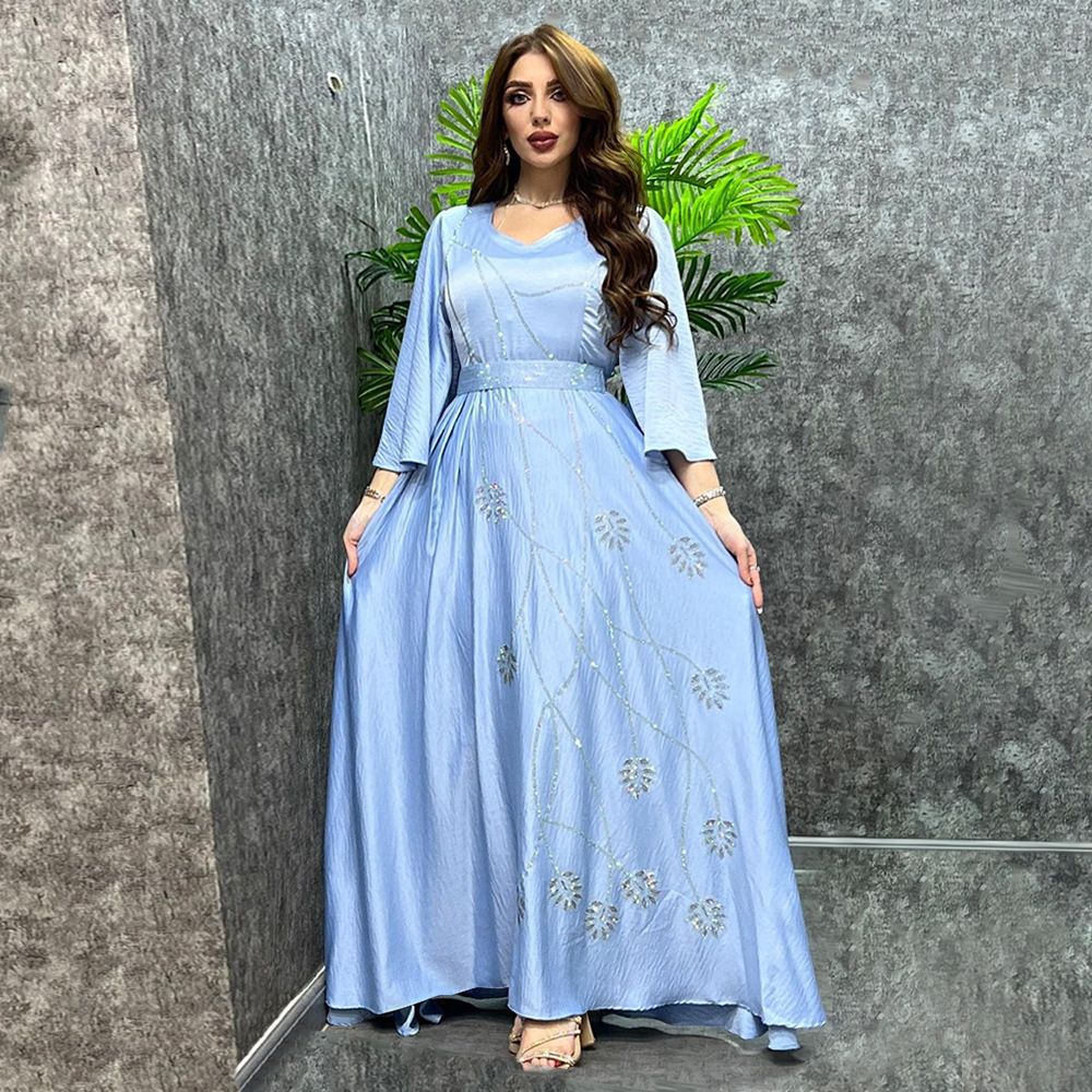 Fashion Sequins Embroidered Muslim Dress Dubai Arab Abaya Dubai Arabic Turkey Morocco Kaftan Ethnic Islamic Clothing Gown Dress