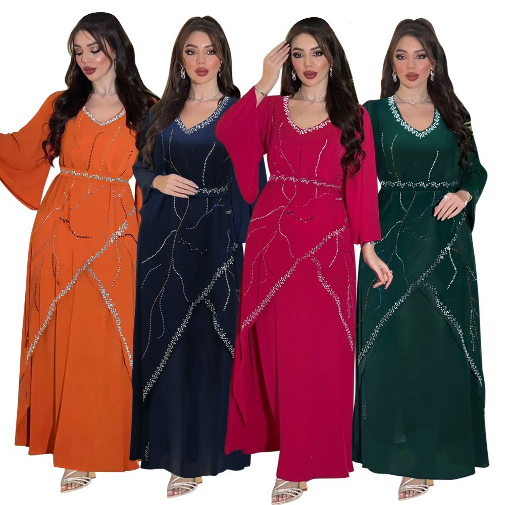 Chiffon Kimono Sleeve Islamic Clothing Loose Pattern Rhinestone Abaya Dresses