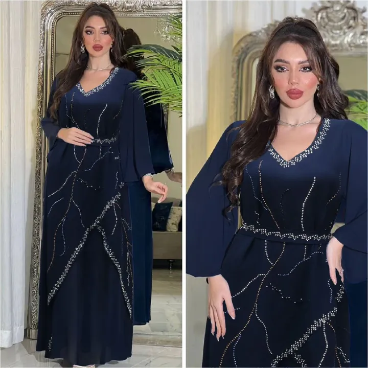 Chiffon Kimono Sleeve Islamic Clothing Loose Pattern Rhinestone Abaya Dresses