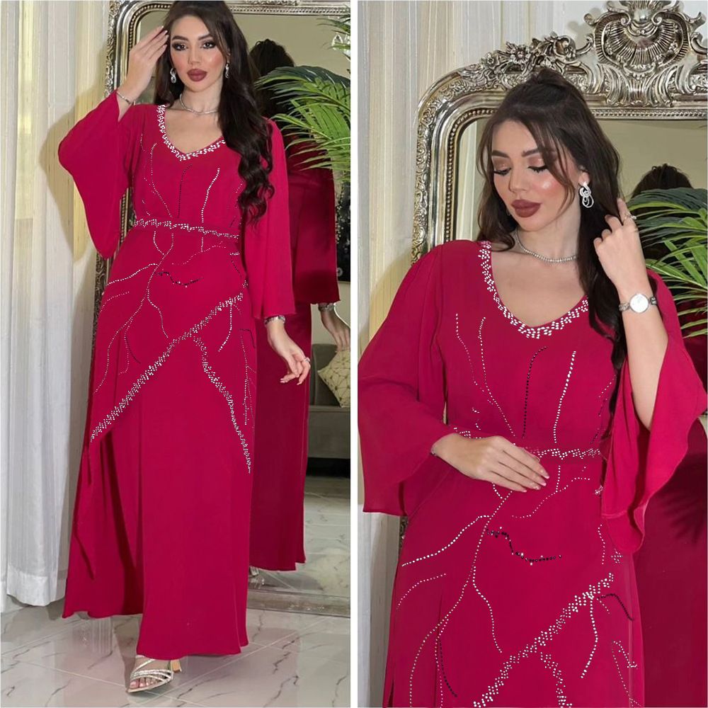 Chiffon Kimono Sleeve Islamic Clothing Loose Pattern Rhinestone Abaya Dresses