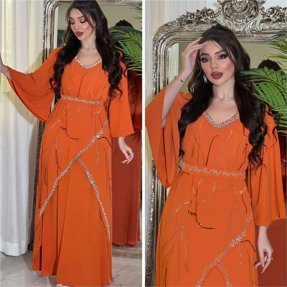 Chiffon Kimono Sleeve Islamic Clothing Loose Pattern Rhinestone Abaya Dresses