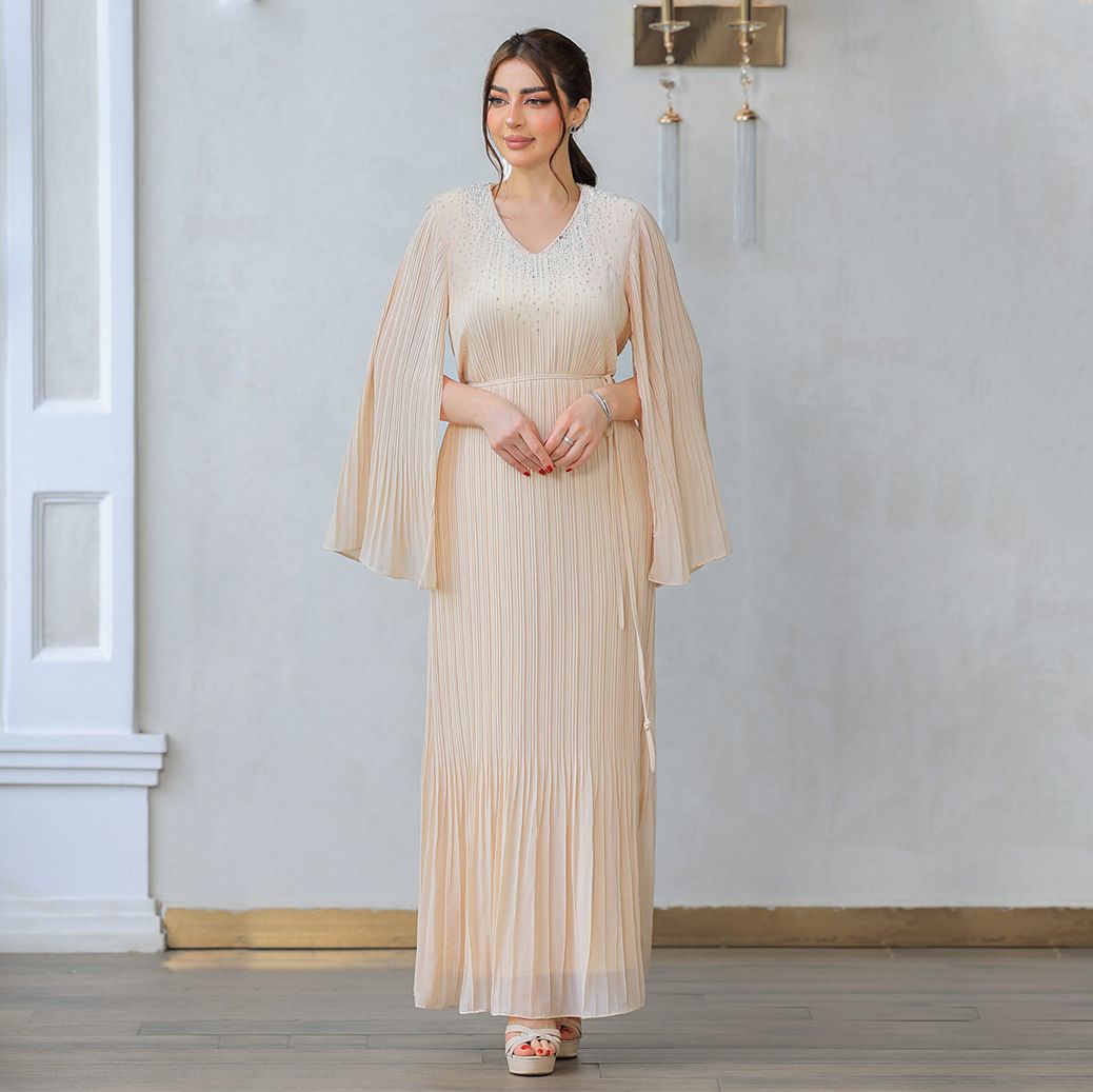 Middle East Slimming Pleated Women's Clothing Dubai Arab Robe Rhinestone Dinner Dress