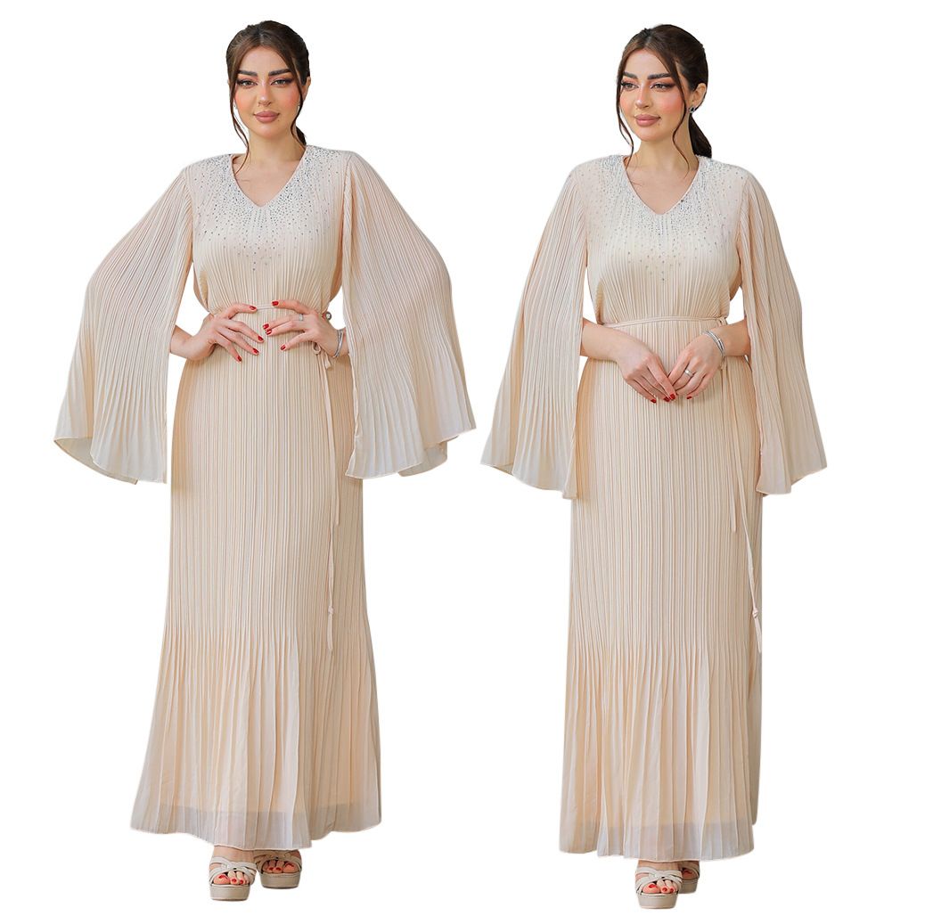 Middle East Slimming Pleated Women's Clothing Dubai Arab Robe Rhinestone Dinner Dress
