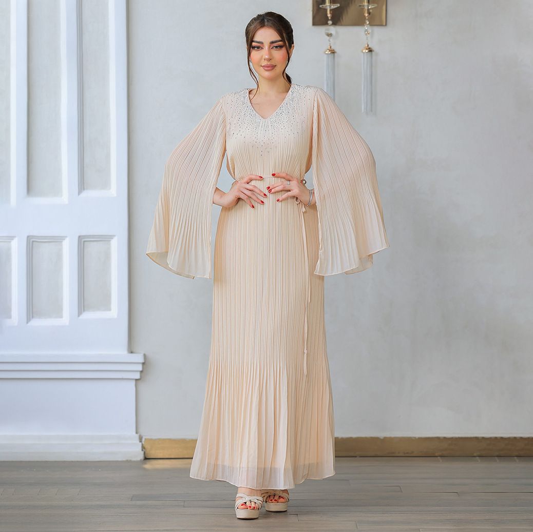 Middle East Slimming Pleated Women's Clothing Dubai Arab Robe Rhinestone Dinner Dress