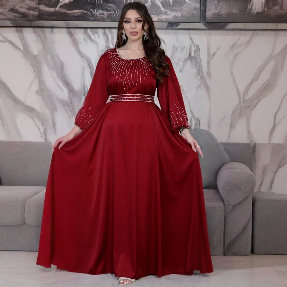 Middle East Dubai Women's Clothing Rhinestone Belt Large Swing Robe Dinner Formal Dress