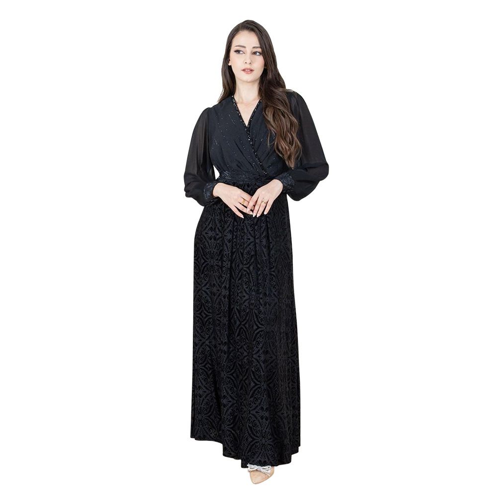 Solid Color Chiffon Sleeve Rhinestone Decoration V Neck Burn Out Velvet Dubai UAE Muslim Women Spring Autumn Casual Abaya Dress