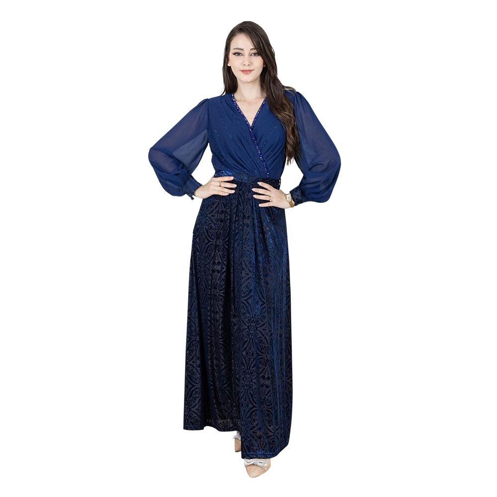 Solid Color Chiffon Sleeve Rhinestone Decoration V Neck Burn Out Velvet Dubai UAE Muslim Women Spring Autumn Casual Abaya Dress