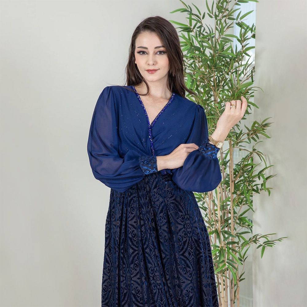 Solid Color Chiffon Sleeve Rhinestone Decoration V Neck Burn Out Velvet Dubai UAE Muslim Women Spring Autumn Casual Abaya Dress