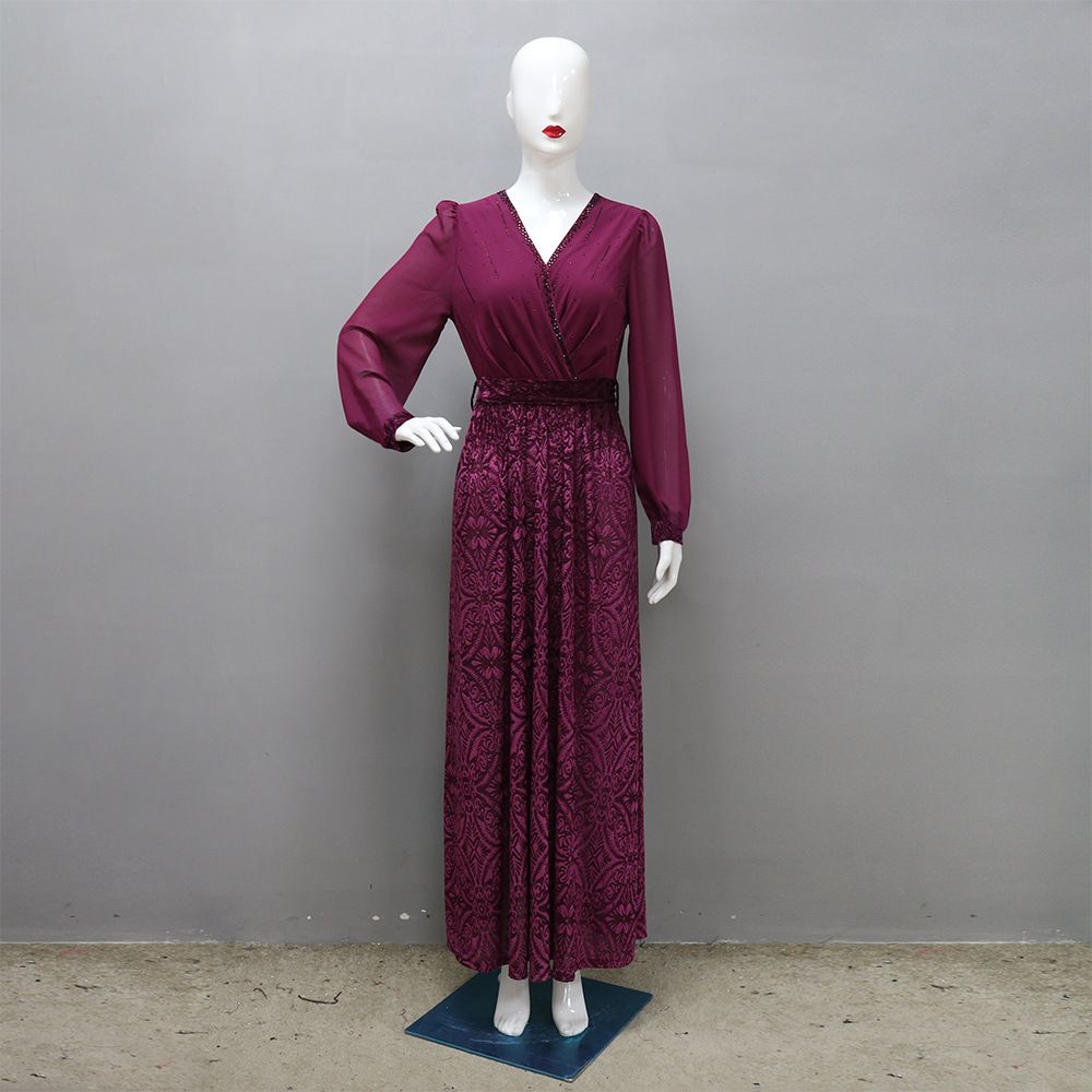 Solid Color Chiffon Sleeve Rhinestone Decoration V Neck Burn Out Velvet Dubai UAE Muslim Women Spring Autumn Casual Abaya Dress
