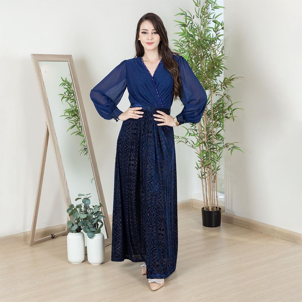 Solid Color Chiffon Sleeve Rhinestone Decoration V Neck Burn Out Velvet Dubai UAE Muslim Women Spring Autumn Casual Abaya Dress