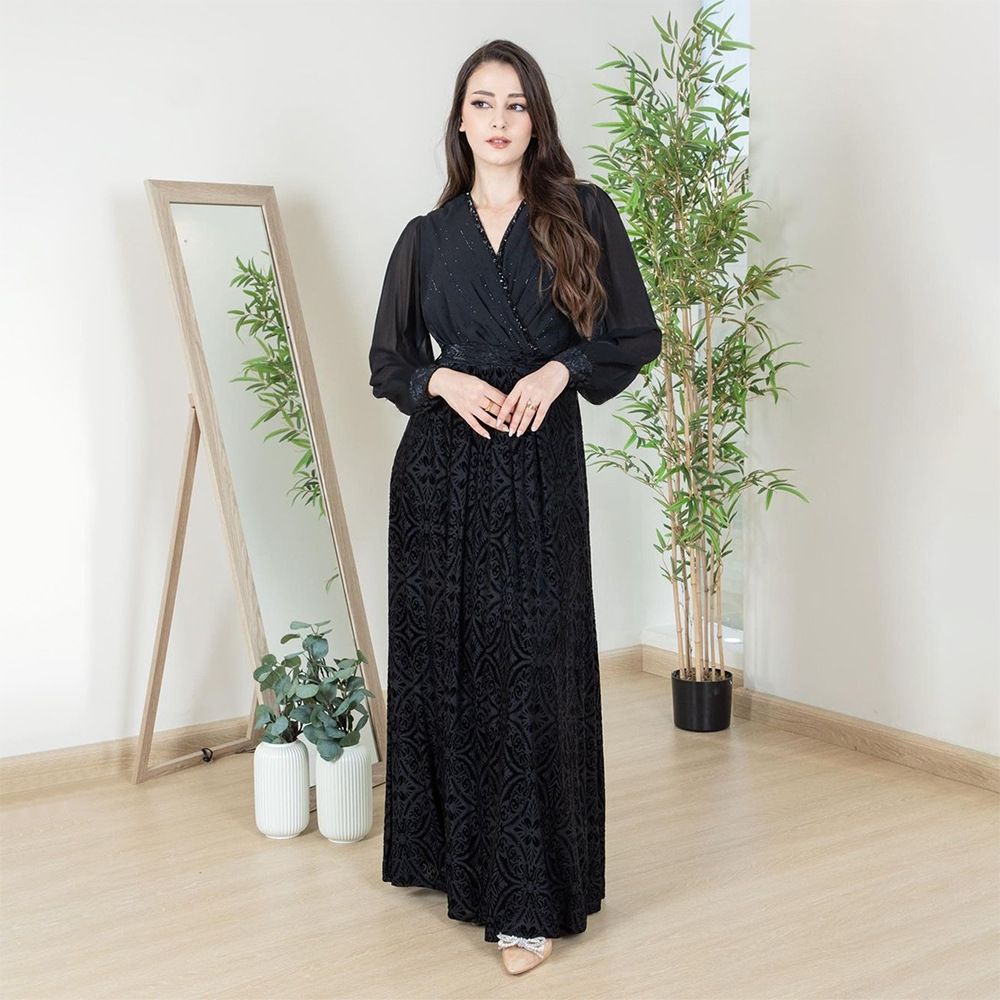 Solid Color Chiffon Sleeve Rhinestone Decoration V Neck Burn Out Velvet Dubai UAE Muslim Women Spring Autumn Casual Abaya Dress
