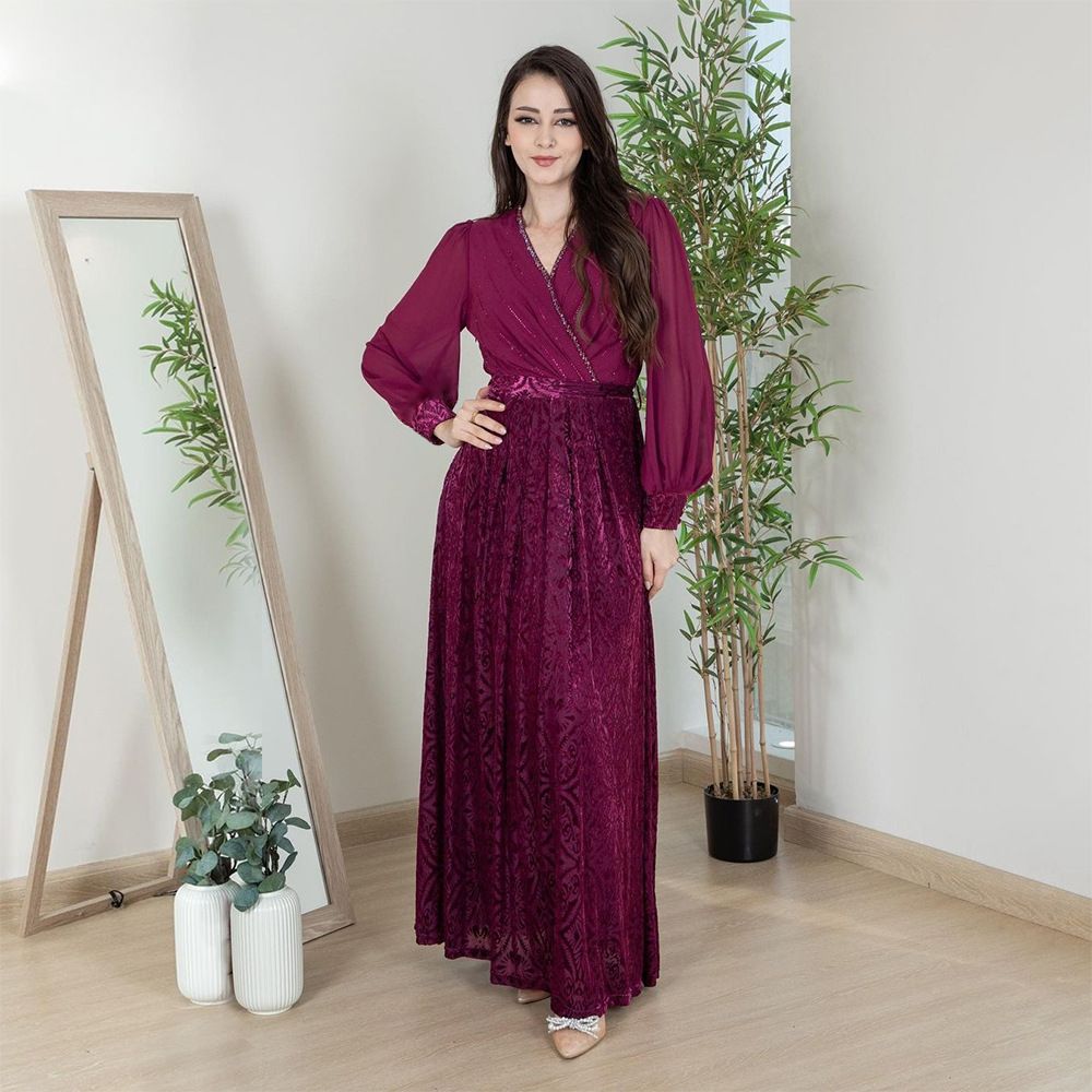 Solid Color Chiffon Sleeve Rhinestone Decoration V Neck Burn Out Velvet Dubai UAE Muslim Women Spring Autumn Casual Abaya Dress