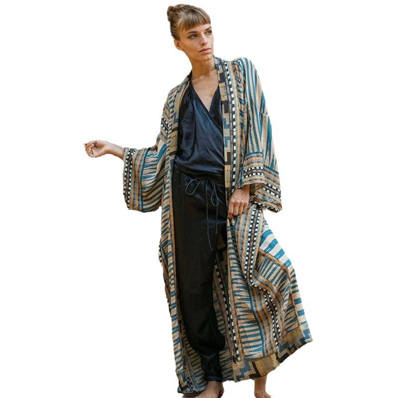 Elegant Self Belted Kimono Dress Tunic Women Plus Size Beach Wear Swim Bohemian Printed Bikini Cover up Dresses