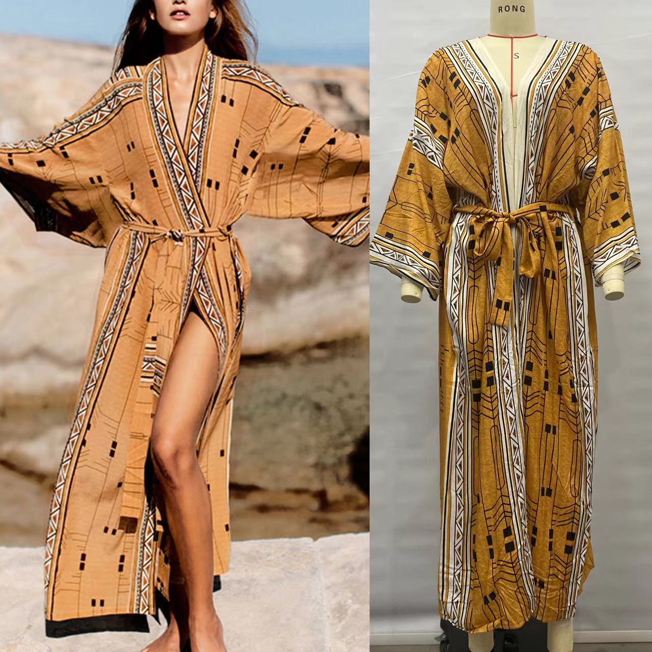 Elegant Self Belted Kimono Dress Tunic Women Plus Size Beach Wear Swim Bohemian Printed Bikini Cover up Dresses