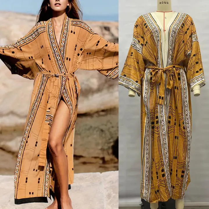 Elegant Self Belted Kimono Dress Tunic Women Plus Size Beach Wear Swim Bohemian Printed Bikini Cover up Dresses