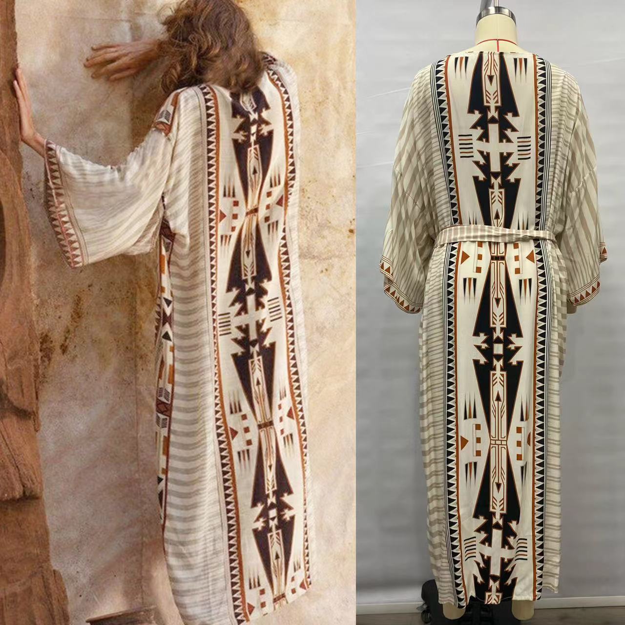 Elegant Self Belted Kimono Dress Tunic Women Plus Size Beach Wear Swim Bohemian Printed Bikini Cover up Dresses