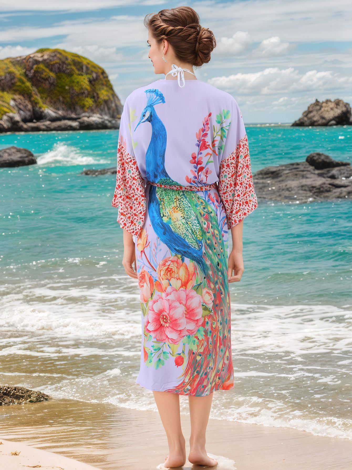 Women Beach Wear Smock Print Vacation Sun Protection Cotton Cardigan Bikini Cover up Dress Swim Bathing Dresses