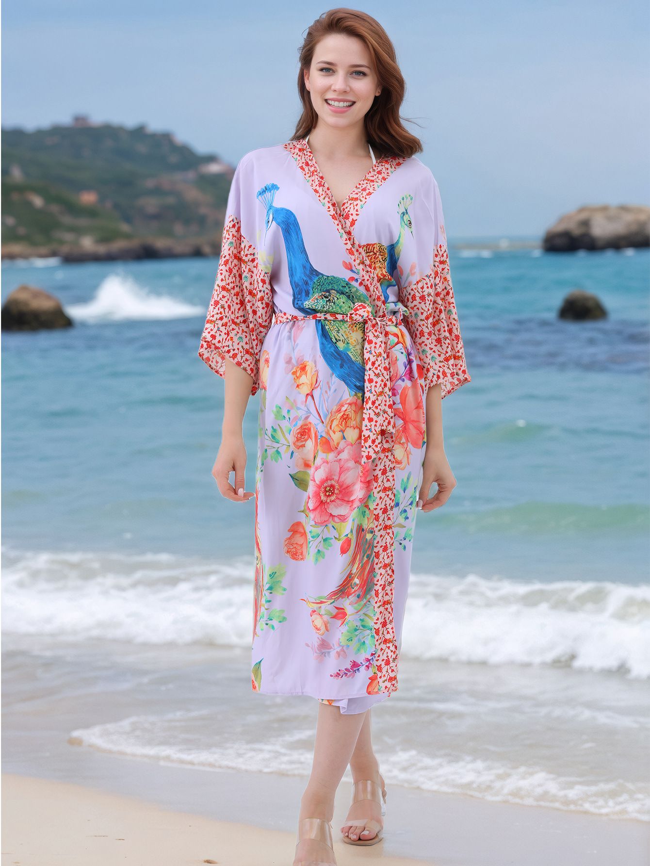 Women Beach Wear Smock Print Vacation Sun Protection Cotton Cardigan Bikini Cover up Dress Swim Bathing Dresses