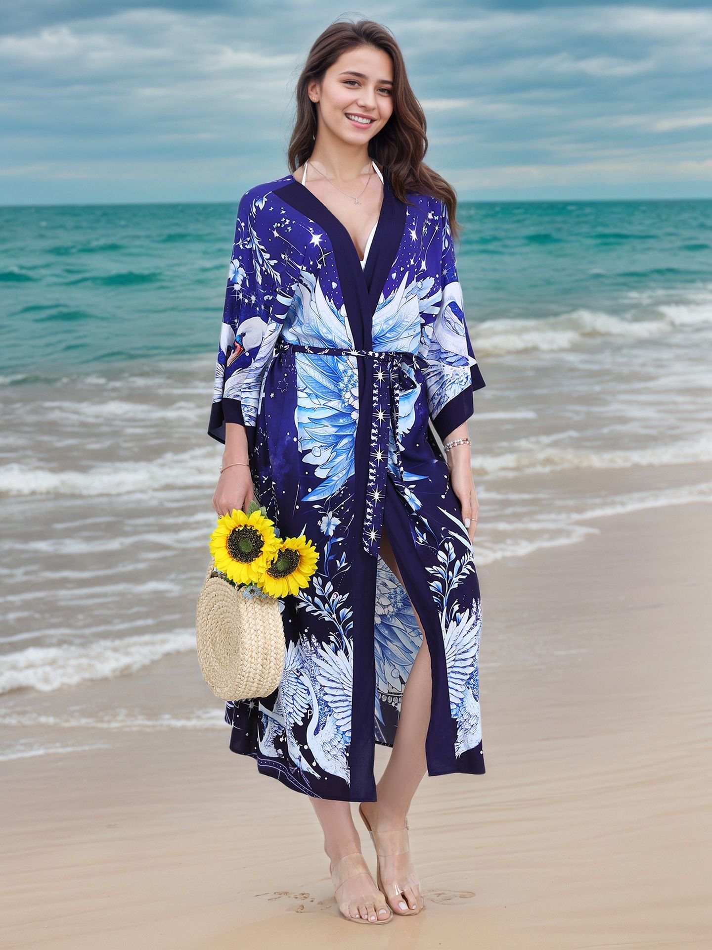 New Fashionable European American Patchwork Organza Retro Long Robe Large Hem African Summer Printed Women Loose Dress