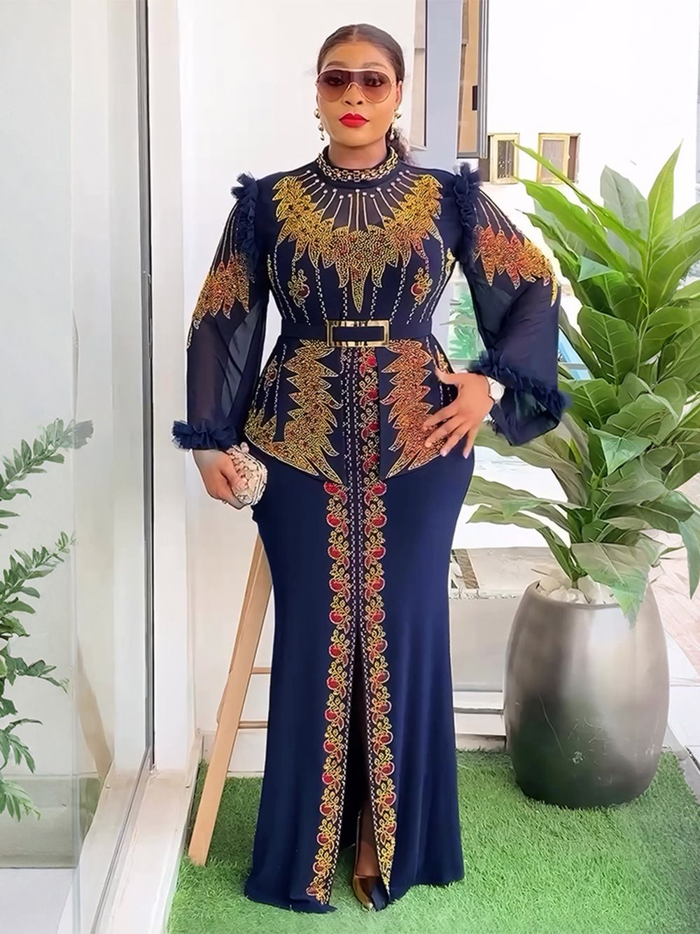 New Year Christmas Party Evening Gown for Ladies Elegant Turkey African Red Sequin Long Floor-Length Chiffon Dress Zipper Dresses