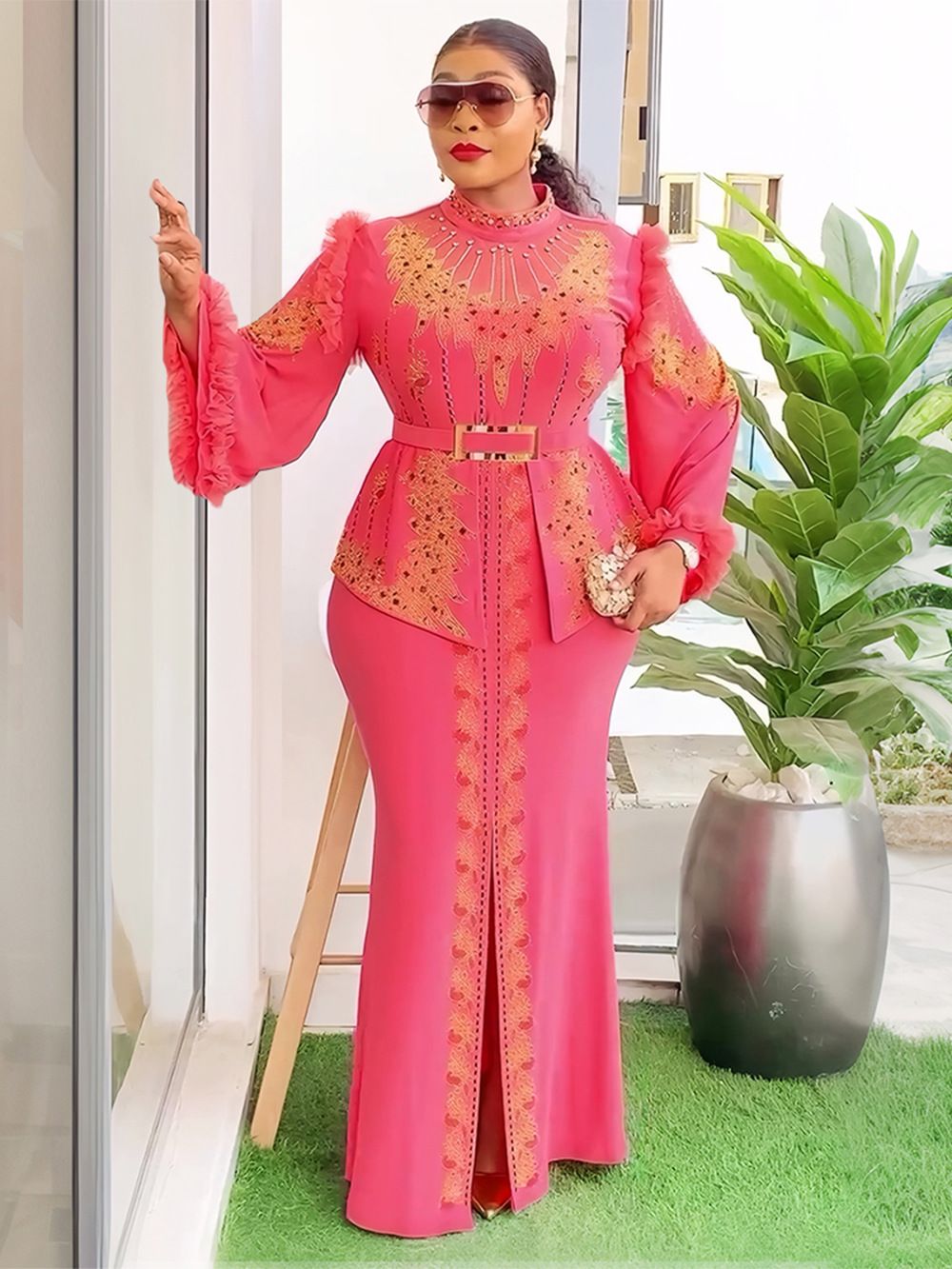 New Year Christmas Party Evening Gown for Ladies Elegant Turkey African Red Sequin Long Floor-Length Chiffon Dress Zipper Dresses