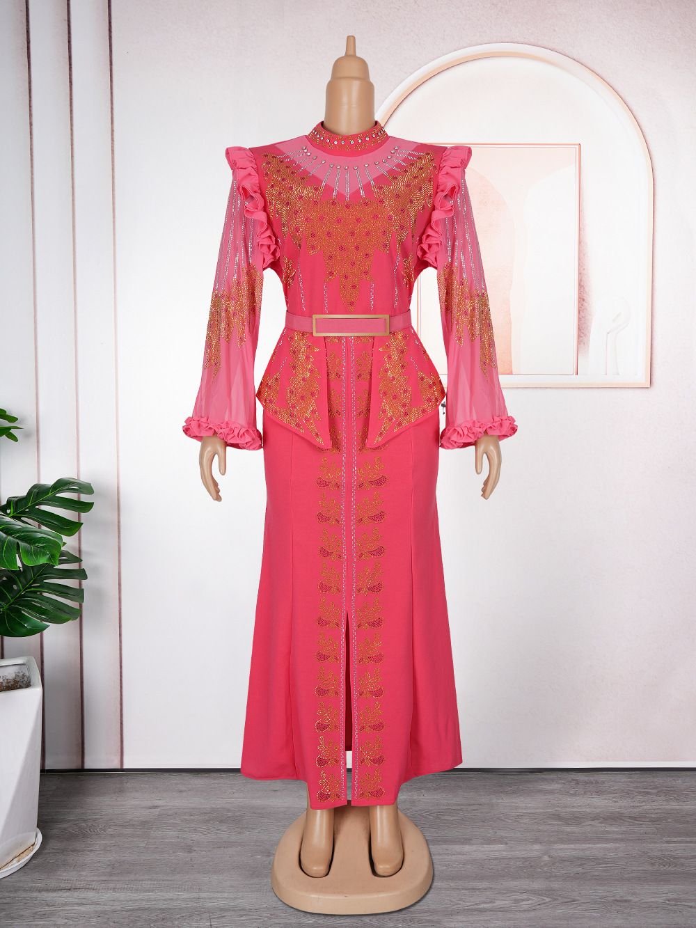New Year Christmas Party Evening Gown for Ladies Elegant Turkey African Red Sequin Long Floor-Length Chiffon Dress Zipper Dresses