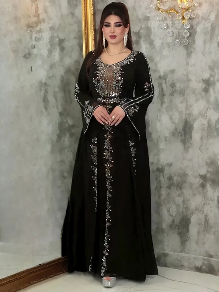 SongYi New Fashion Black Abaya Exquisite Beaded Muslim Women Dress Middle East Women's Clothing Robe Dresses