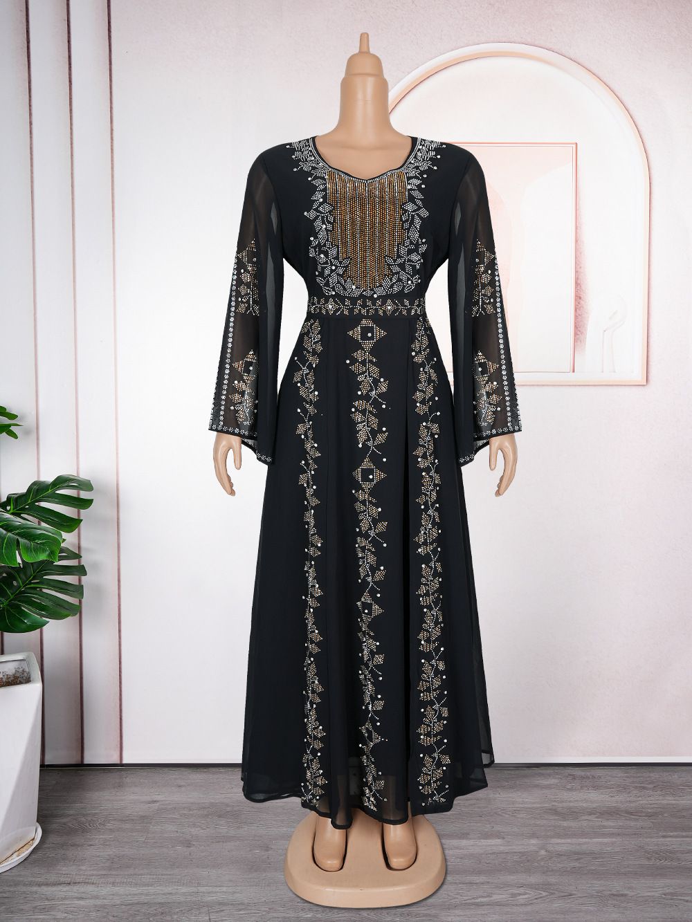 SongYi New Fashion Black Abaya Exquisite Beaded Muslim Women Dress Middle East Women's Clothing Robe Dresses