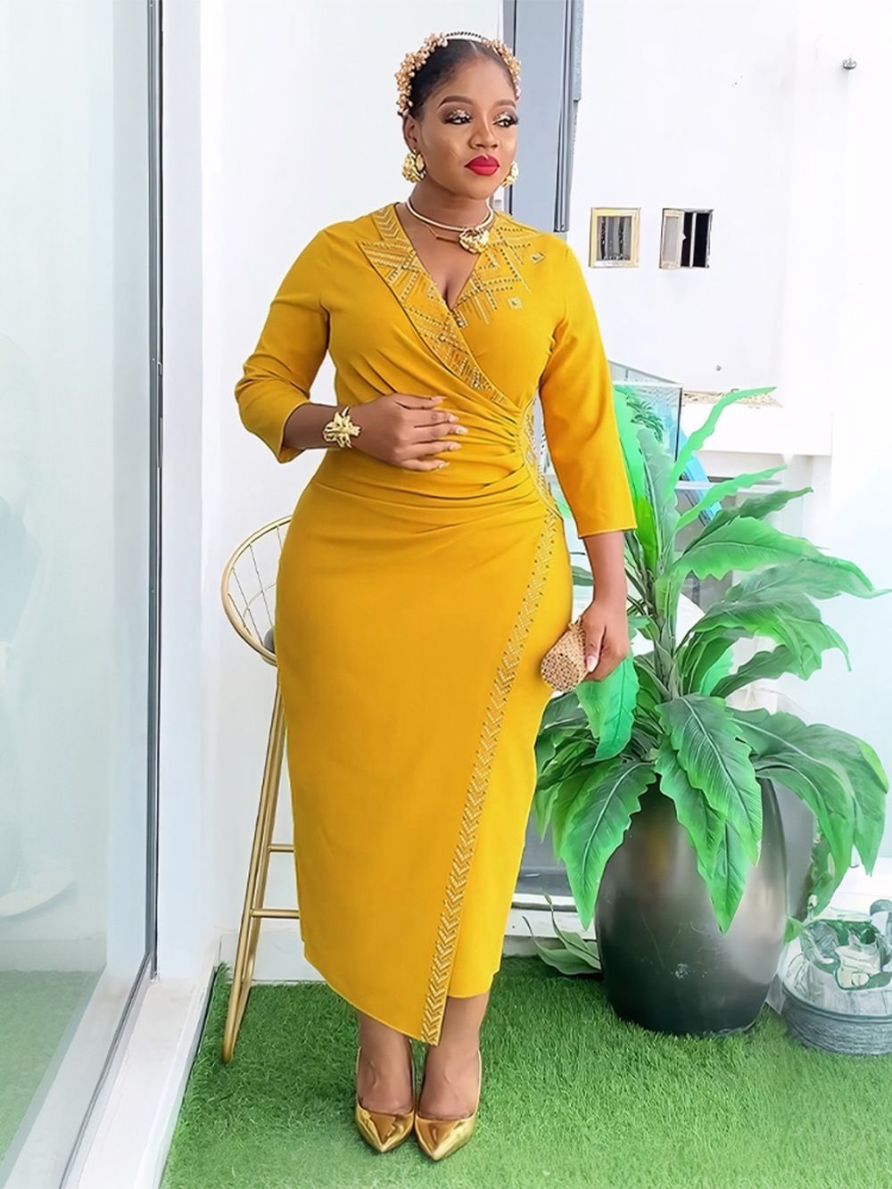 African Party Evening Dresses for Women Summer Long Sleeve V-neck Bodycon Dress Dashiki Ankara Wedding Gowns Muslim Maxi Dress