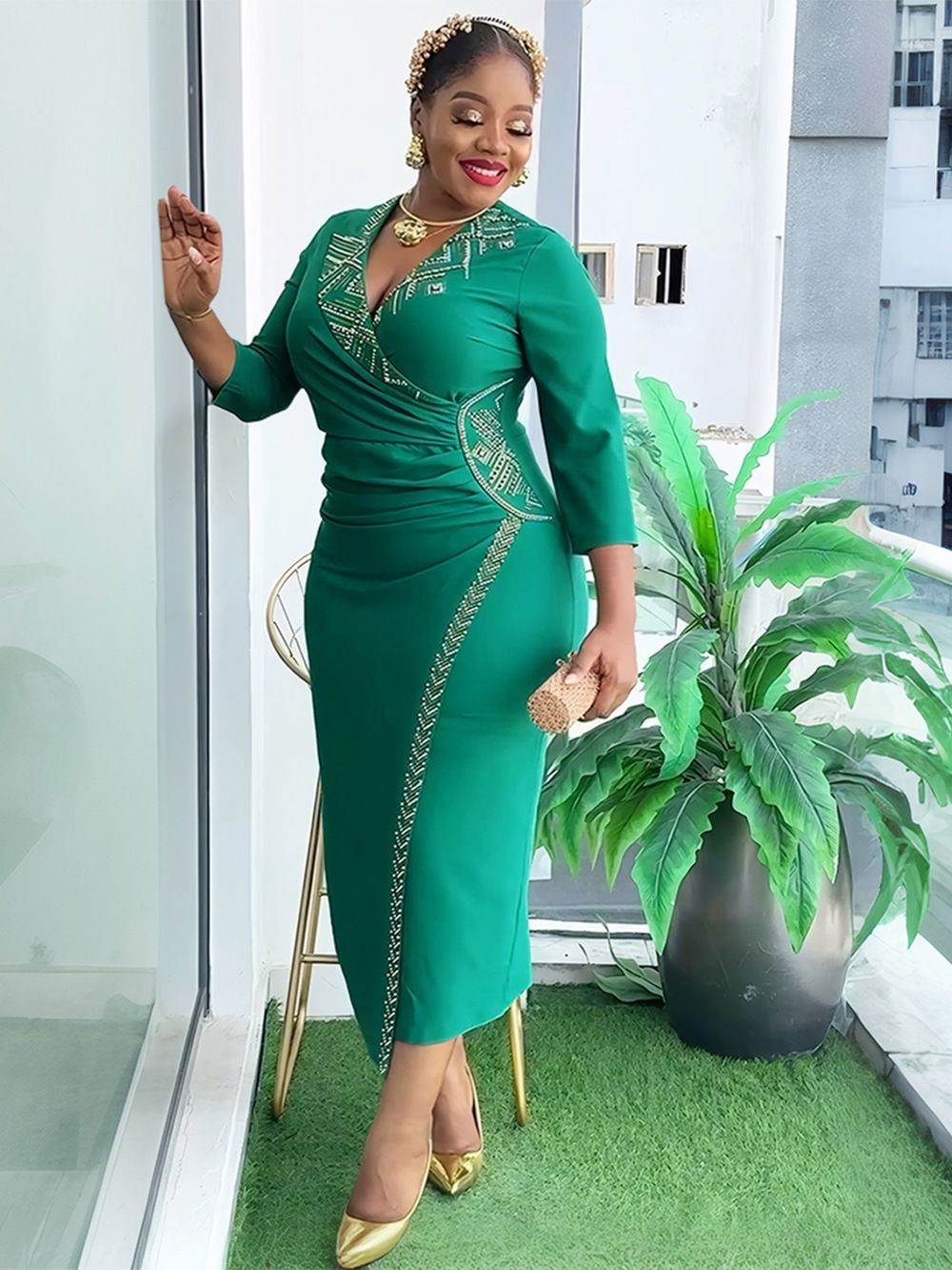 African Party Evening Dresses for Women Summer Long Sleeve V-neck Bodycon Dress Dashiki Ankara Wedding Gowns Muslim Maxi Dress